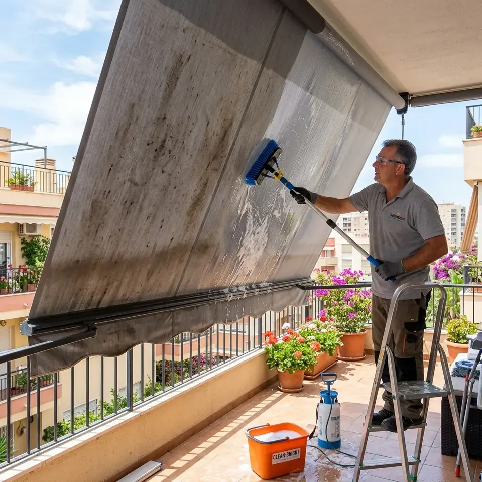 Limpieza con cepillo de la lona de un toldo en una terraza