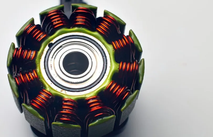 Detalle del bobinado del estátor de un motor tubular para toldo