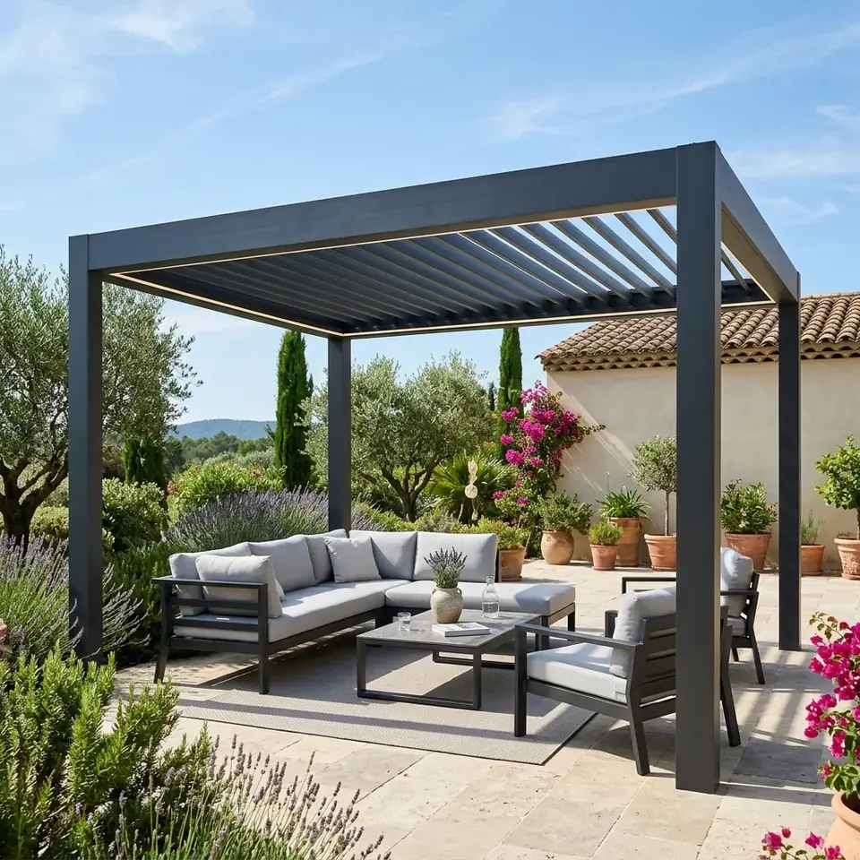 Pérgola bioclimática antracita con zona chill out en una terraza