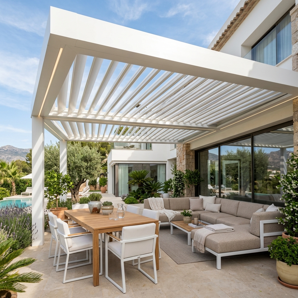 Pérgola bioclimática blanca con cortinas zip Cartagena